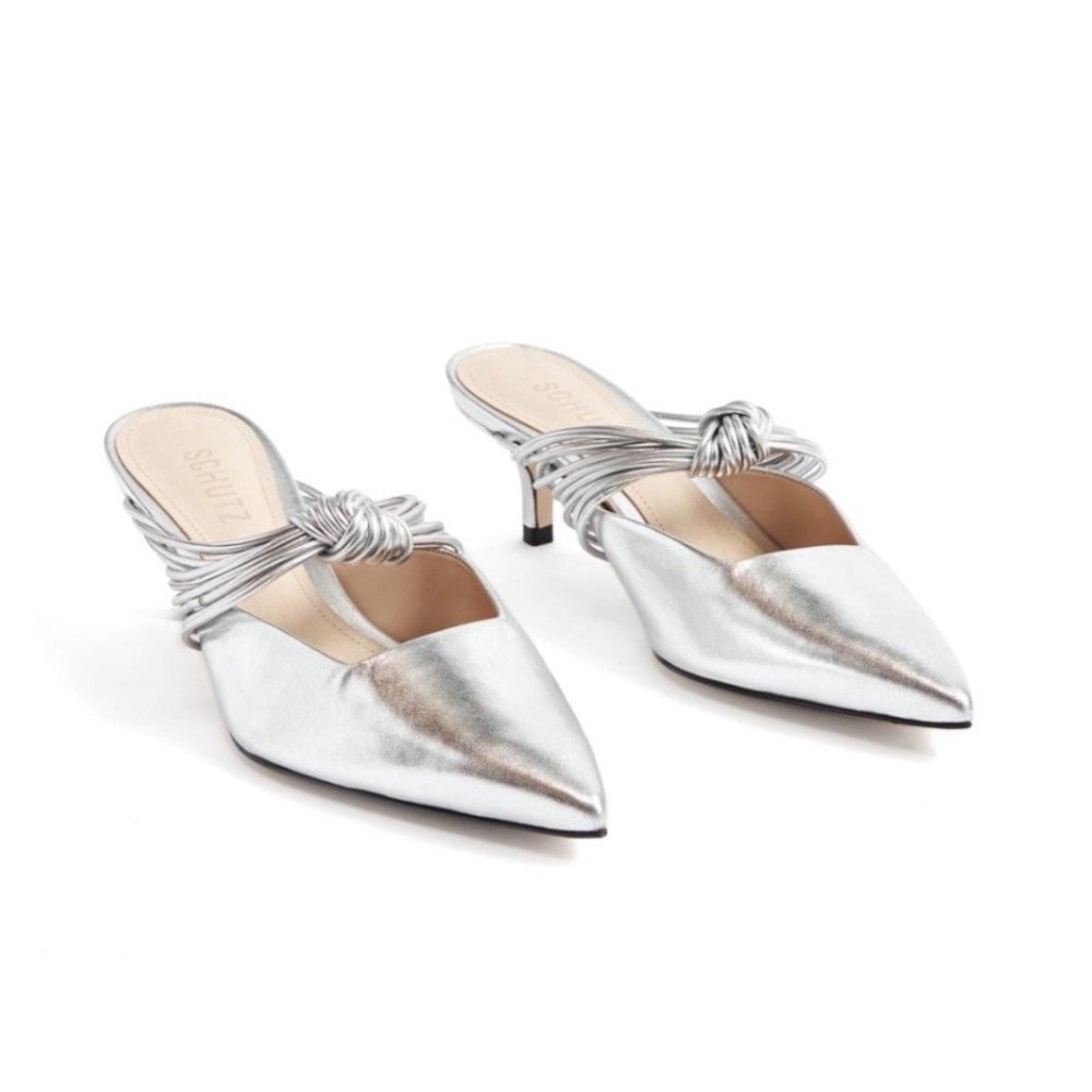 SCHUTZ brand new kitten heel silver mules